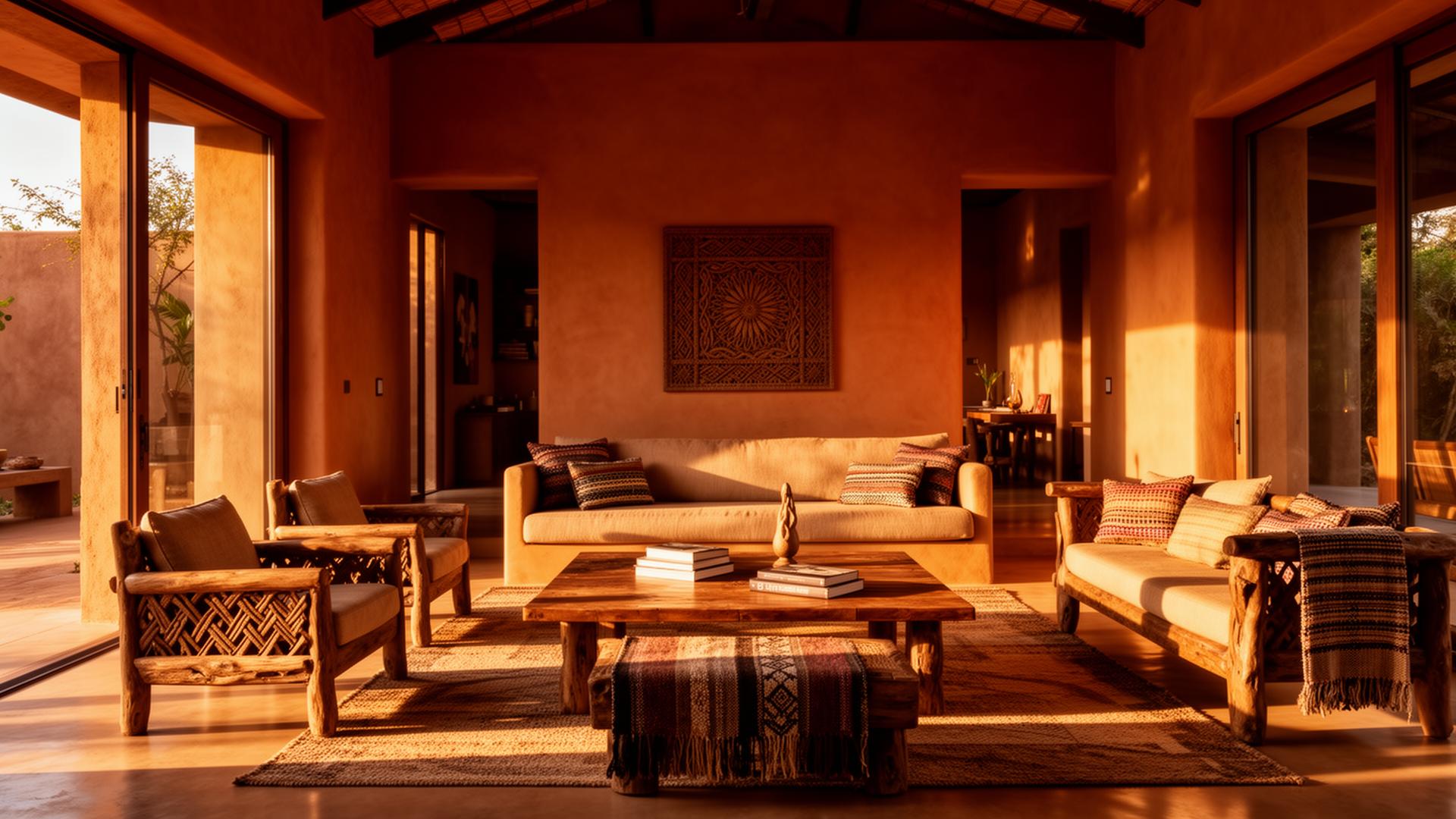 Sun-drenched modern African villa interior with clay walls and carved wood furniture