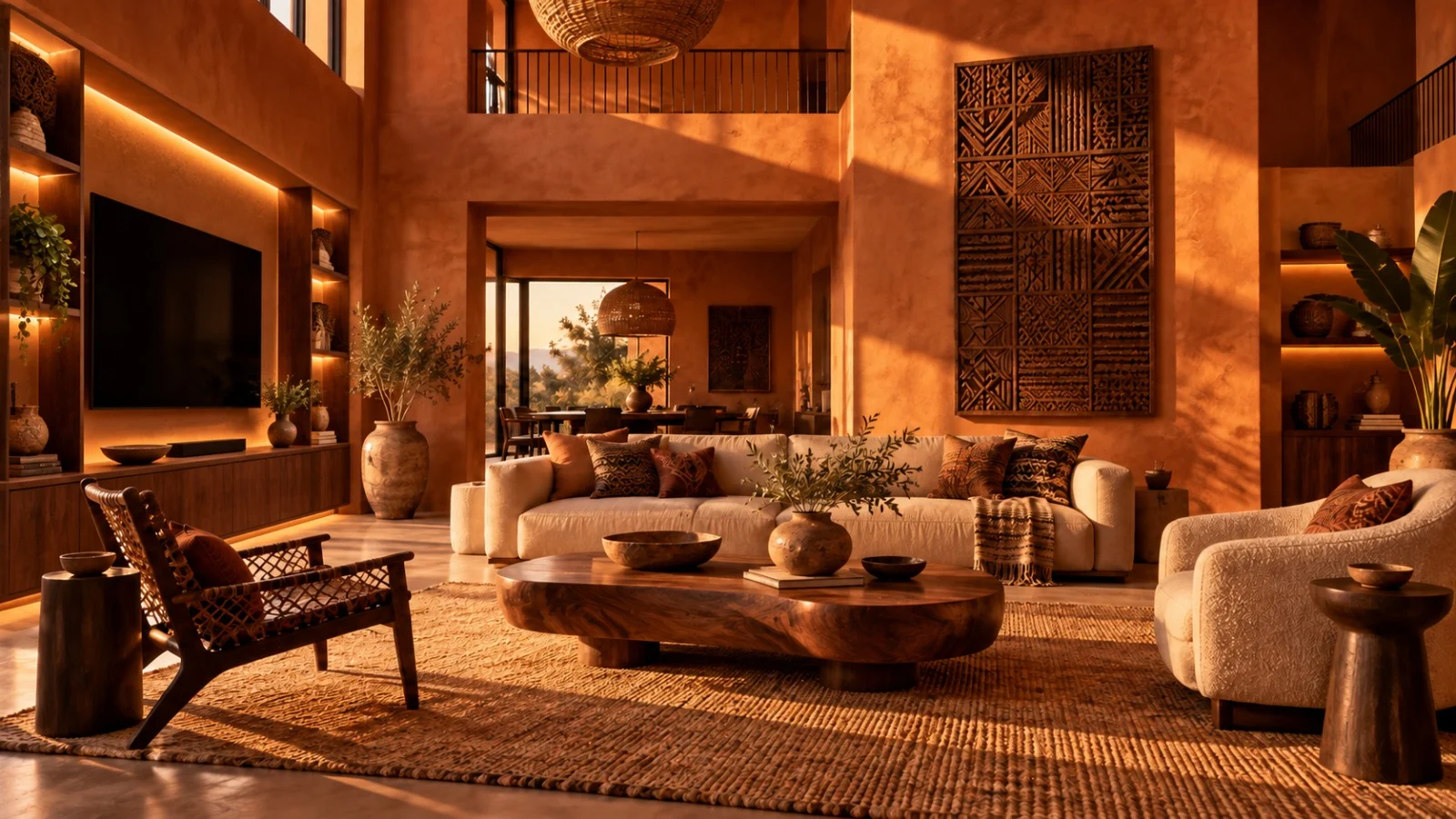 Sun-drenched modern African villa interior with clay walls and carved wood furniture